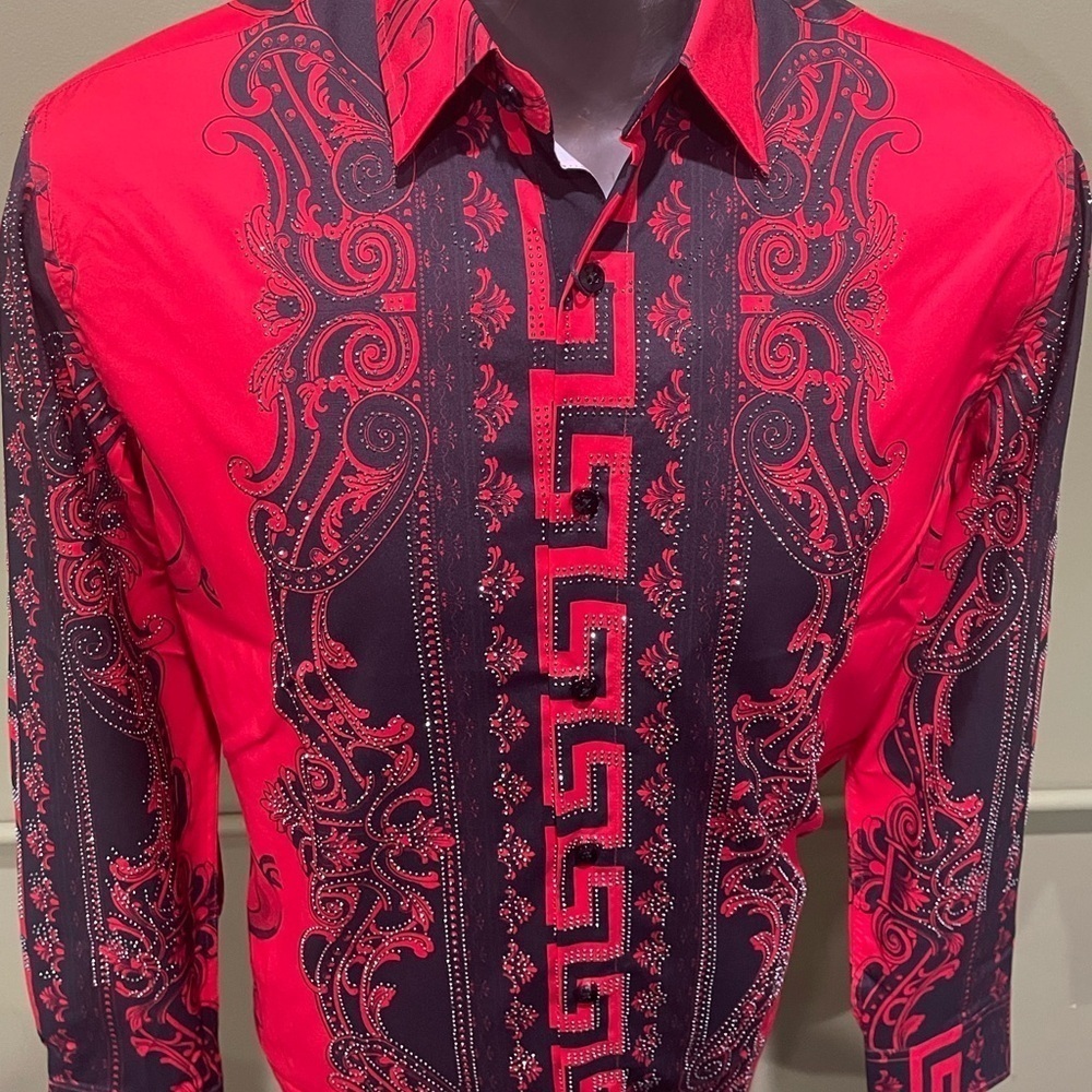 Deniko shirt button front red floral rhinestone regular fit - Picture 4 of 4